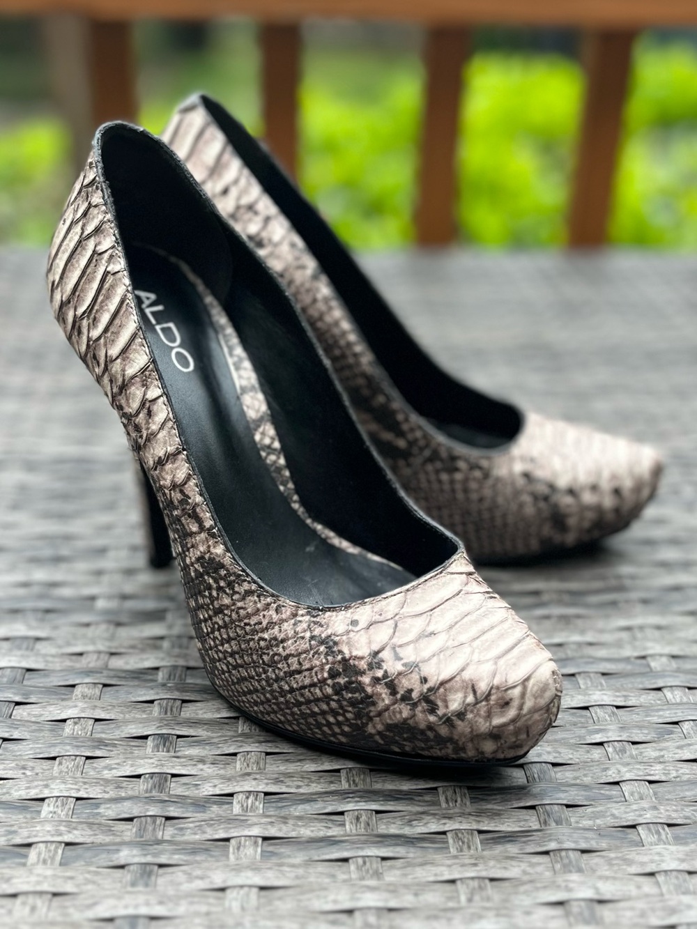 Aldo Snake-Print Textured Scales Stiletto Pumps in Black and Cream